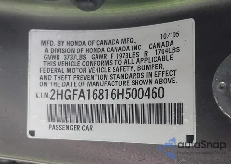2006 Honda Civic Ex from USA, damaged, VIN 2HGFA16816H500460